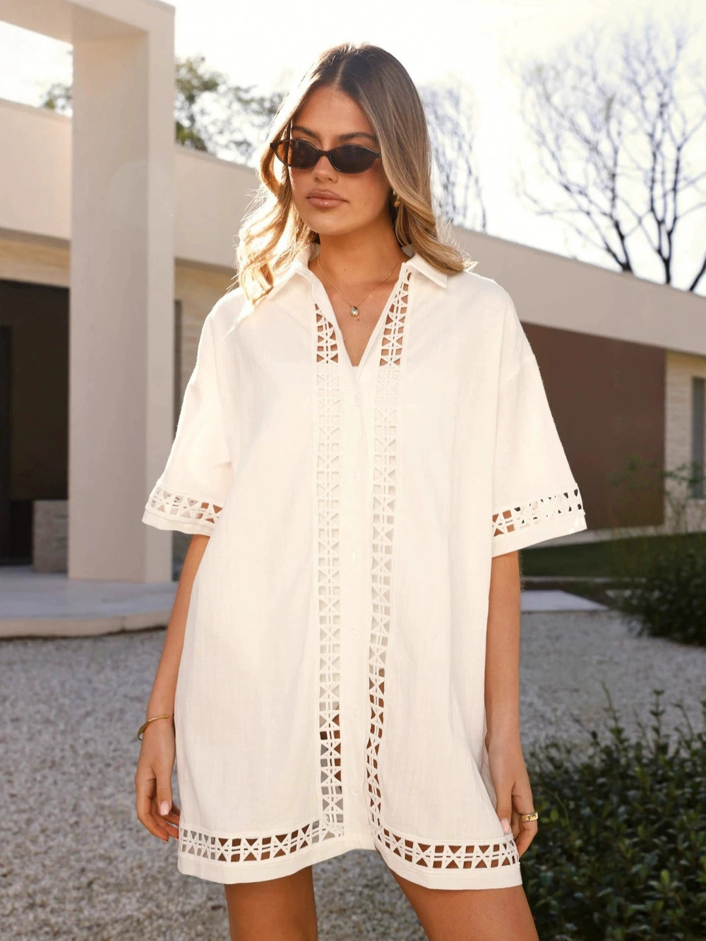 ZARA Womens Summer Fashion Hollow Out Loose Solid Color Lapel Short Sleeve Dress